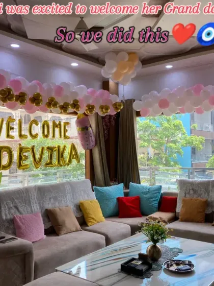 A grandmother's love is so special, and I was honored to create this welcome decor for her granddaughter, Devika. The living room is filled with pink, white, and gold balloons, creating a warm and celebratory homecoming.