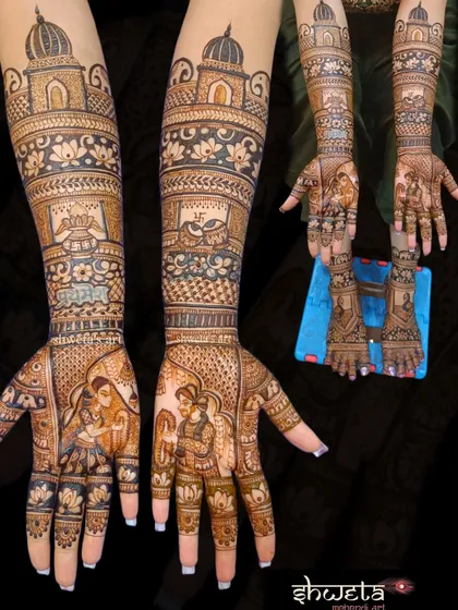 A complete bridal mehendi set, showing both hands and feet. The design tells a story with varmala couple figures and is complemented by matching intricate patterns on the feet.