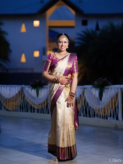 A full-length shot of the second look, showing the elegant saree drape and how the makeup complements the new colours.