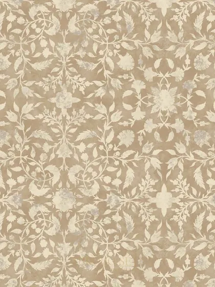 A detailed swatch of the 'Baklava' wallpaper, inspired by Ottoman design. The pattern features a gentle, repeating floral jaal in soft, warm beige tones, creating a subtle and sophisticated texture.