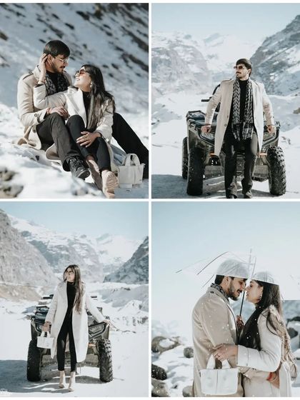 A four-part collage from a Manali snow shoot, featuring poses with an ATV, an intimate moment under an umbrella, and solo portraits against the stunning mountain scenery.