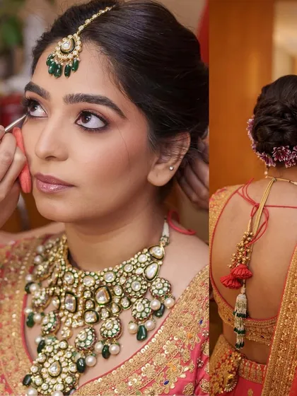 A behind-the-scenes shot of defining the eyes. For this coral-pink lehenga, we used deep kohl to create a timeless, expressive look.