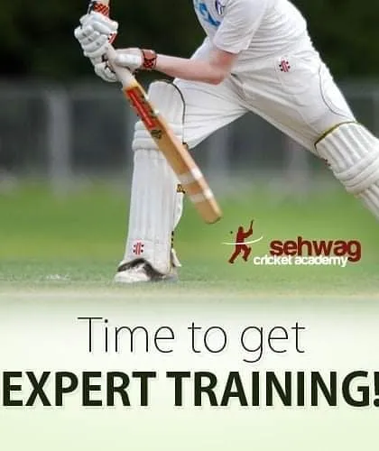 A powerful action shot of a batsman paired with our core message: it's time for expert training. We focus on developing technically sound and aggressive players.
