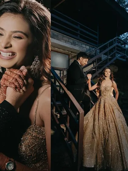 A diptych capturing both a candid laugh and a stylish pose. This combination showcases the couple's dynamic, from their playful interactions to their elegant, poised moments together.