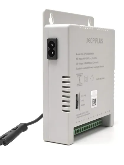 Another view of the CP Plus 8-channel power supply, showing the power input connection. A stable power source ensures your CCTV system runs 24/7 without interruption.