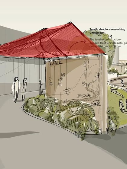 These are early concept sketches for the amphitheater and walkway at Cochin International Airport. The sketches explore the form of the tensile roof structure, inspired by Chinese fishing nets, and the layout of the backlit inscription wall.
