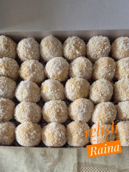 A large box of Nariyal ke Laddoos. I can make these with either desiccated or fresh coconut, and sweeten them with sugar or jaggery.