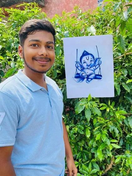Here I am with my cute pen sketch of Ganpati Bappa on a swing. It's a simple, joyful piece that always makes me smile.