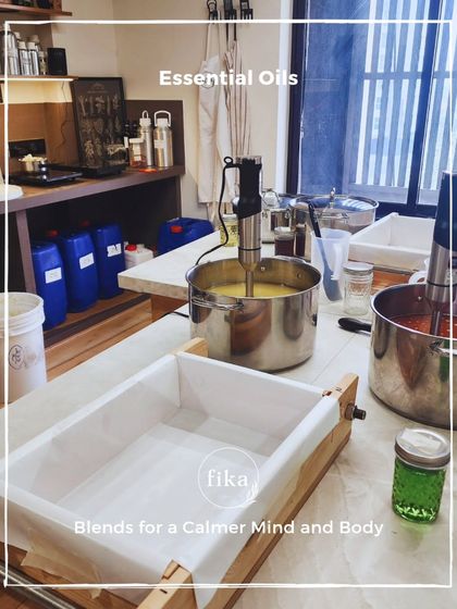 My studio is where blends for a calmer mind and body are born. This shot captures the heart of my operation, where I mix essential oils and plant-based ingredients to create my signature soaps.