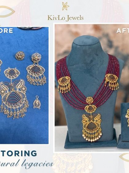 Restoring cultural legacies is what we do. This before-and-after shows how we took a very traditional, intricate piece and modernized it with a ruby bead mala while preserving its unique, handcrafted motifs.