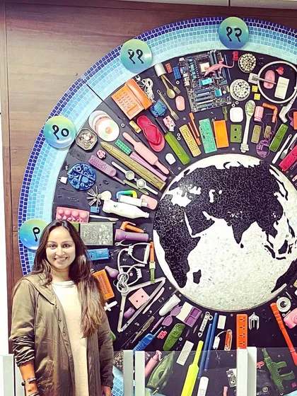 It is always a joy to visit my completed work. Here I am with the upcycled globe mural at the Delhi airport, a project brought to life with a team of talented women artists. It’s a powerful statement about sustainability and collaboration.