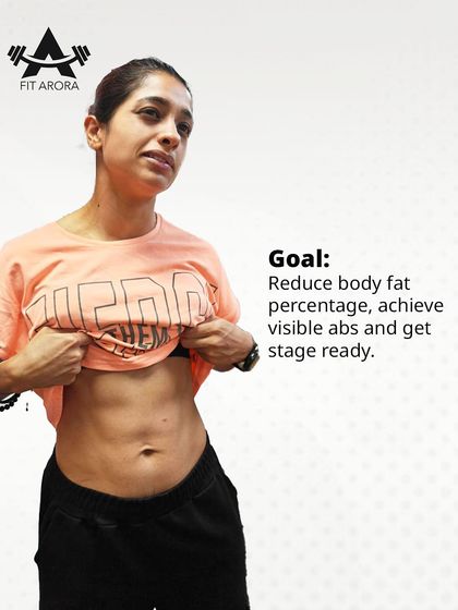 Preeti's goal was clear: reduce body fat, achieve visible abs, and get stage-ready. This photo shows her incredible abdominal definition, a result of consistent dieting and training.