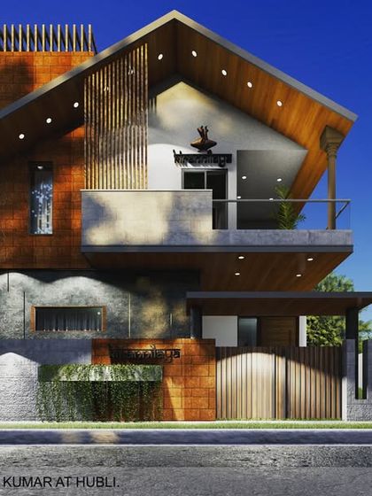 Another perspective of the proposed lakeside residence in Hubli. This view highlights the A-frame roof structure and the use of varied textures, including exposed brick and wood, to create a rustic yet modern architectural statement.