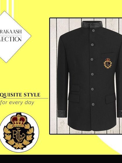 A black bandhgala jacket is given an exquisite touch with a custom "RL" crest patch. This shows how a simple patch can elevate a formal jacket for festive or everyday wear.