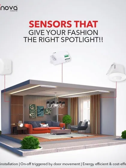 This diagram shows how Sensinova motion sensors can be installed in a living space. These sensors provide on-off triggers based on movement, making them a cost-effective and energy-efficient solution.