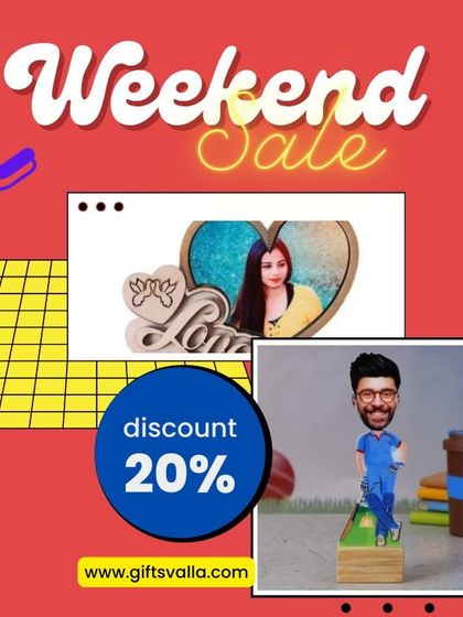 I often run special promotions like this Weekend Sale. This graphic advertises a 20% discount on custom caricatures and fridge magnets, two of my fun and unique gift categories.