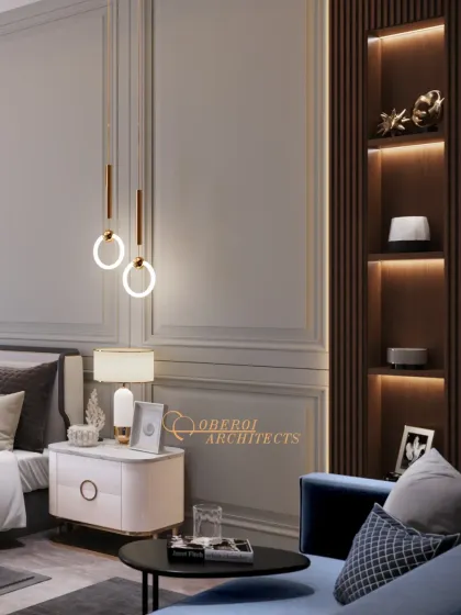 This view showcases the layered lighting and textures, including the sleek bedside pendants and the built-in, backlit shelving unit for displaying personal treasures.