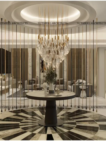 We believe a home's first impression should be unforgettable. This entrance foyer makes a grand statement with its dramatic stone inlay flooring, a custom sculptural partition, and a magnificent crystal chandelier, creating the opulent feel of a luxury hotel lobby right at your doorstep.
