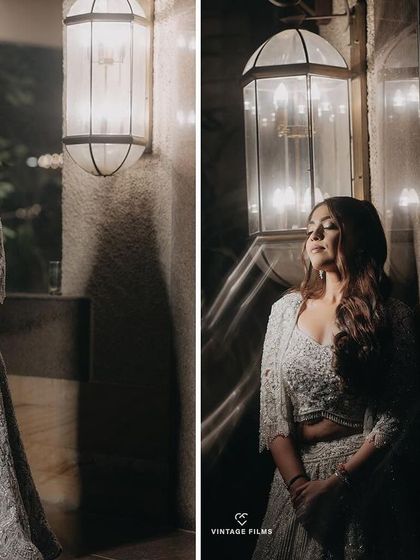 A diptych of Ashmeet at her cocktail night. The soft lighting and her elegant pose capture the glamour and sophistication of the evening.