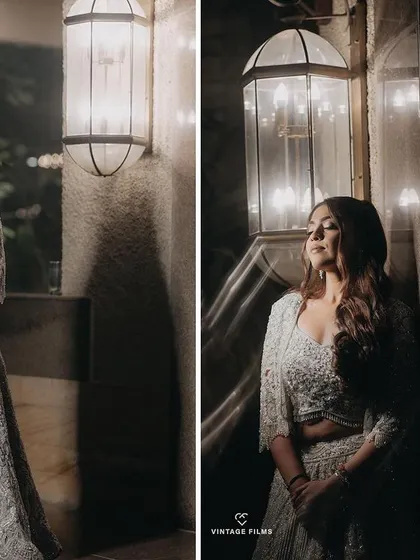 A diptych of the bride in a serene, thoughtful mood. The soft lighting from the lamps creates a warm and intimate atmosphere for these elegant solo portraits.