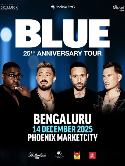 The official poster for the iconic boyband Blue's 25th Anniversary Tour in Bengaluru. This represents our ability to tap into pop nostalgia, bringing beloved international chart-toppers to their dedicated Indian fanbase for a once-in-a-lifetime show.