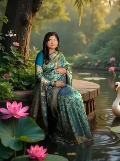A dreamy, artistic portrait of a mom-to-be in a silk saree, set by a serene pond with lotuses and a swan. This is an example of our advanced editing to create a fantasy setting.
