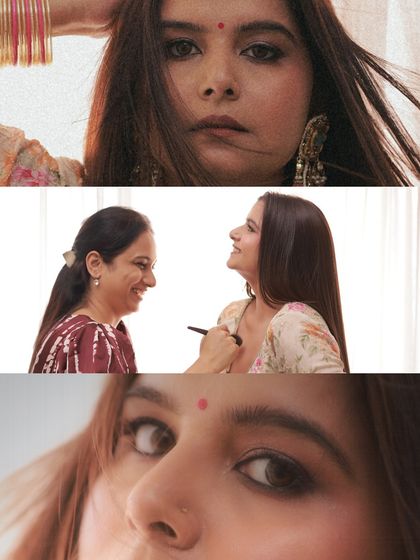 A collage showcasing a soft glam look with a floral saree. The top and bottom panels highlight the intense yet soft smoky eye makeup, while the middle panel shows me in action during the application.