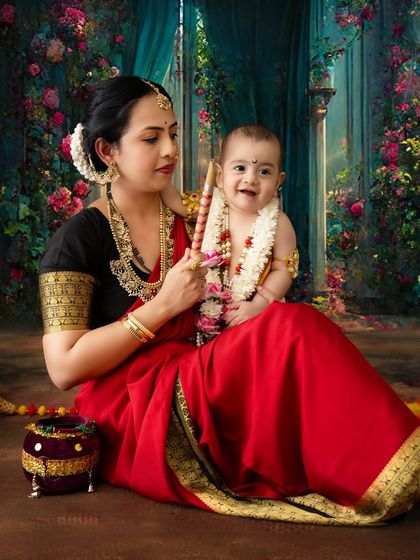 A beautiful portrait where the mother holds a flute for her smiling baby, set against a vibrant, flower-adorned background.