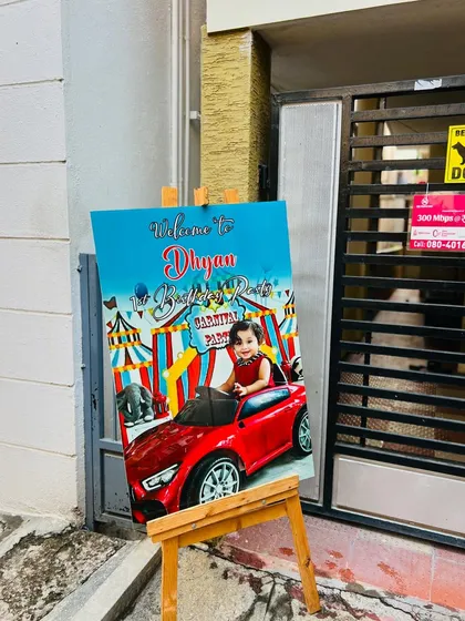 A personalized welcome sign for a carnival themed birthday party. I can create custom signage on an easel to greet your guests and set the tone for the event right from the entrance.