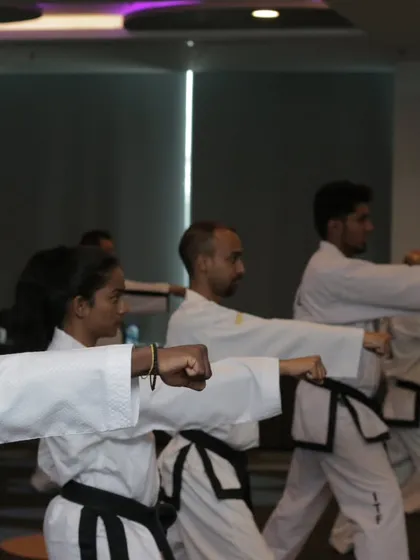 A line of black belts executing a punch. This shows the unity and discipline that is central to Taekwon-Do training.