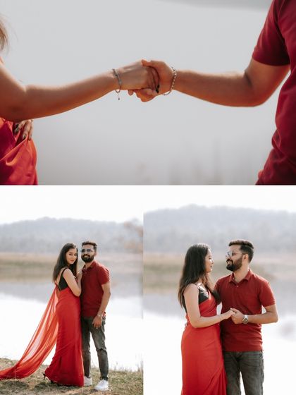 A collage that plays with composition, including a close-up of their joined hands and portraits of the couple by the lake in their coordinated red outfits.