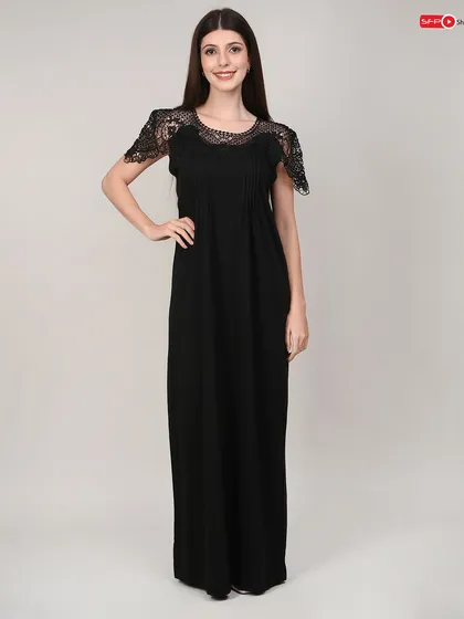 A standard front-view shot of a black lace nightgown. This clean, simple presentation is ideal for catalogue listings, focusing entirely on the product's design and features.