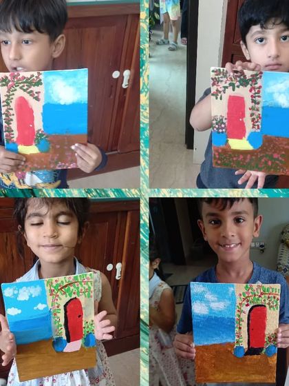 Inspired by a beautiful seaside view, my students painted these charming canvases. This project teaches simple perspective and how to use color blocking to create a clean and impactful landscape.