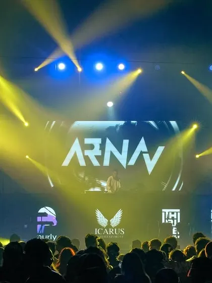 This is the view from the crowd at a major concert at Nesco, Mumbai. I thrive on this scale, with full stage production, massive LED screens displaying my name, and a sea of people ready for a high-energy show.