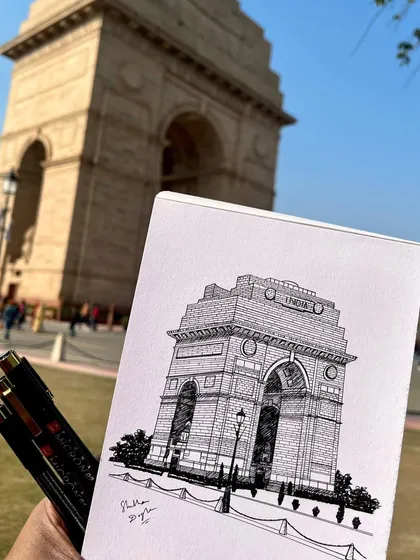 A close-up of my India Gate sketch, created with Sakura Pigma Micron pens. The fine lines allow for intricate detail, perfect for architectural drawings.