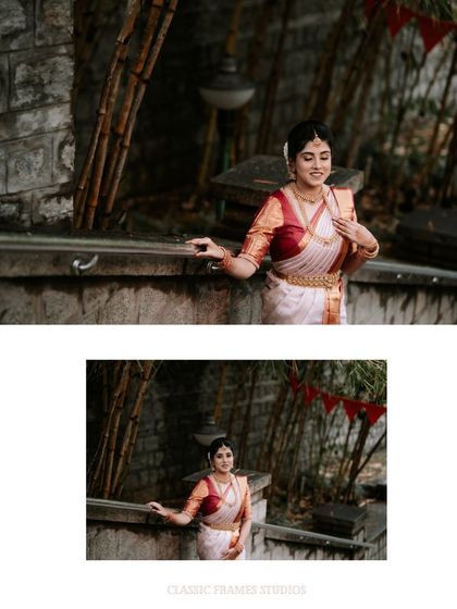 A beautiful bridal portrait of Keerthi on her engagement day. The outdoor setting and her classic South Indian saree create a timeless and elegant look.