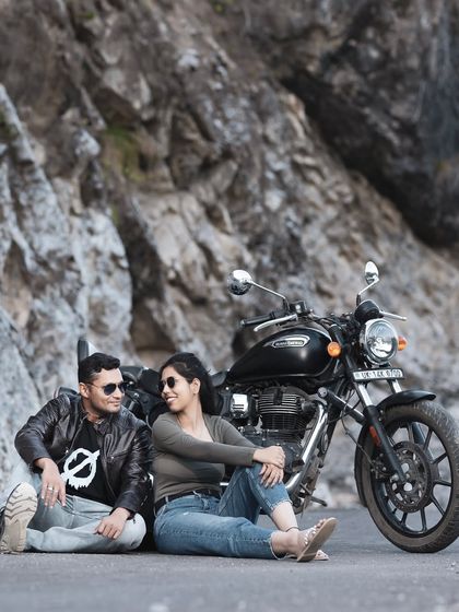 A relaxed moment on the side of the road, with the motorcycle as a key prop. This shows how we can use the theme to create natural, casual portraits.