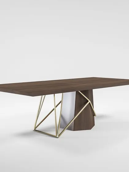 A studio view Bedingungen the unique, artistic base of our dining table, where a solid wood pillar is intersected by a gold-finished geometric structure.