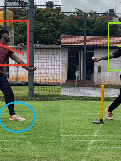 Shoulder and foot alignment are crucial for consistency. This before and after shows how we corrected a derailed finish by aligning the shoulders and ensuring a stable front foot landing for this off-spinner.