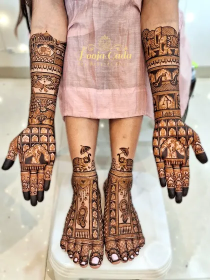 A stunning example of a full bridal mehendi without human figures. This design uses traditional motifs like elephants, peacocks, and architectural jharokhas to create a rich and complete look for both hands and feet.