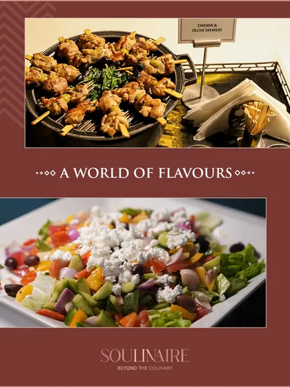 A collage displaying a world of flavours, from Greek salad to chicken skewers, for a corporate event. Our menus are diverse and globally inspired.