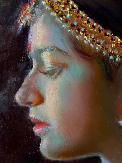 A close-up of "Adornment," an oil painting by Manjushree Roy. This detail shows the delicate brushwork and lighting used to create a soft, ethereal mood.