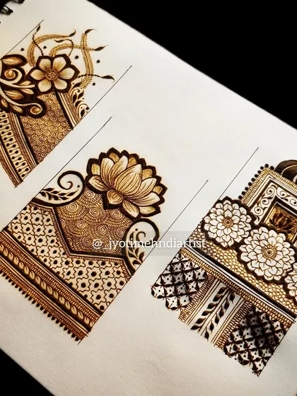A practice sheet showing three different floral startup designs, from simple vines to more complex architectural patterns.