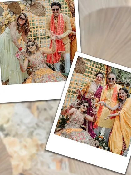 A collage of the bride with her family and friends, capturing the fun and loving atmosphere of the Haldi ceremony.