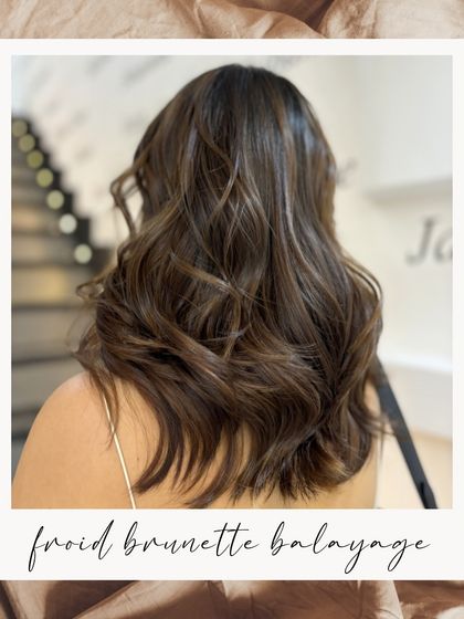 A stylized photo of our Froid Brunette balayage, emphasizing its cool, sophisticated tones and flawless, wavy finish.