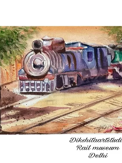 A watercolor painting of a vintage train at the Rail Museum in Delhi. This piece captures a sense of nostalgia and the beauty of old machinery, created during a visit with my sketching group.