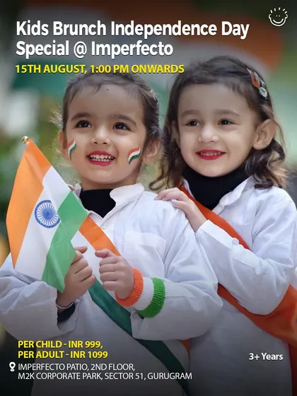 Another poster for the Kids Brunch Independence Day Special at Imperfecto, showing happy kids with the Indian flag.