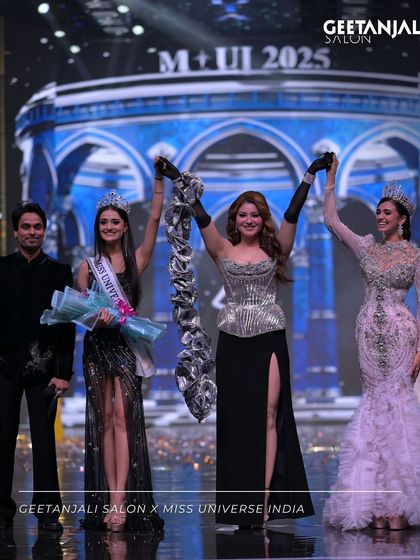 The final moments of the Miss Universe India pageant, with the winners celebrating on stage.