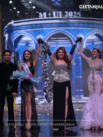 A stage full of stars at the Miss Universe India finale. Our team was responsible for the hair and makeup of the winners, contestants, and celebrity guests, ensuring a cohesive and glamorous look for the entire event.