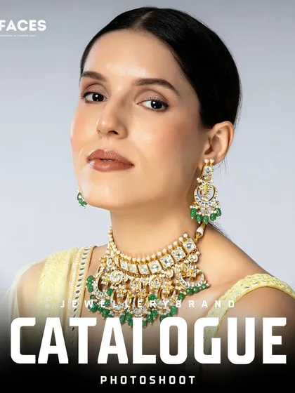 This shot features a heavy, ornate bridal necklace with green stones. The model's confident expression adds a modern edge to the traditional design, perfect for a campaign.